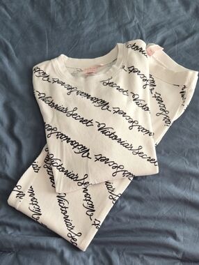 Victoria's Secret White Kids Pajama Set with Black Script Logo